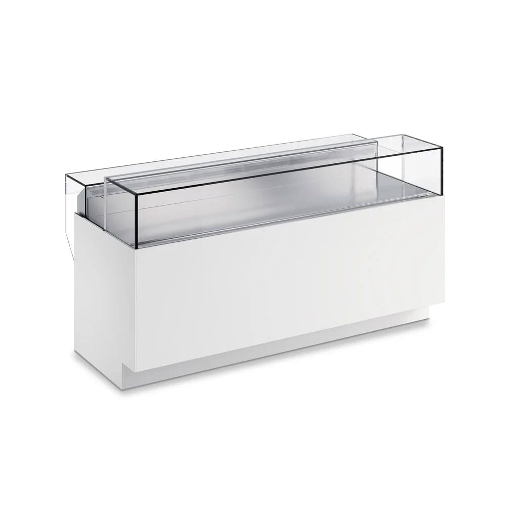 move22_PV (aperta) Vetrina orizzontale modello Move22 di CIAM con apertura della teca verso il basso. L'immagine evidenzia il design elegante e funzionale della vetrina, pensata per valorizzare i prodotti esposti e garantire massima accessibilità.