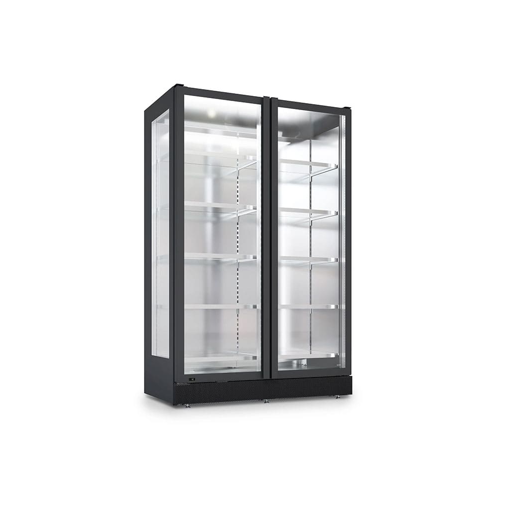 Vetrina verticale refrigerata della linea Exclusive Premium di CIAM, con struttura elegante in vetro e metallo, illuminazione integrata e finiture di alta gamma, progettata per l’esposizione raffinata di prodotti alimentari.